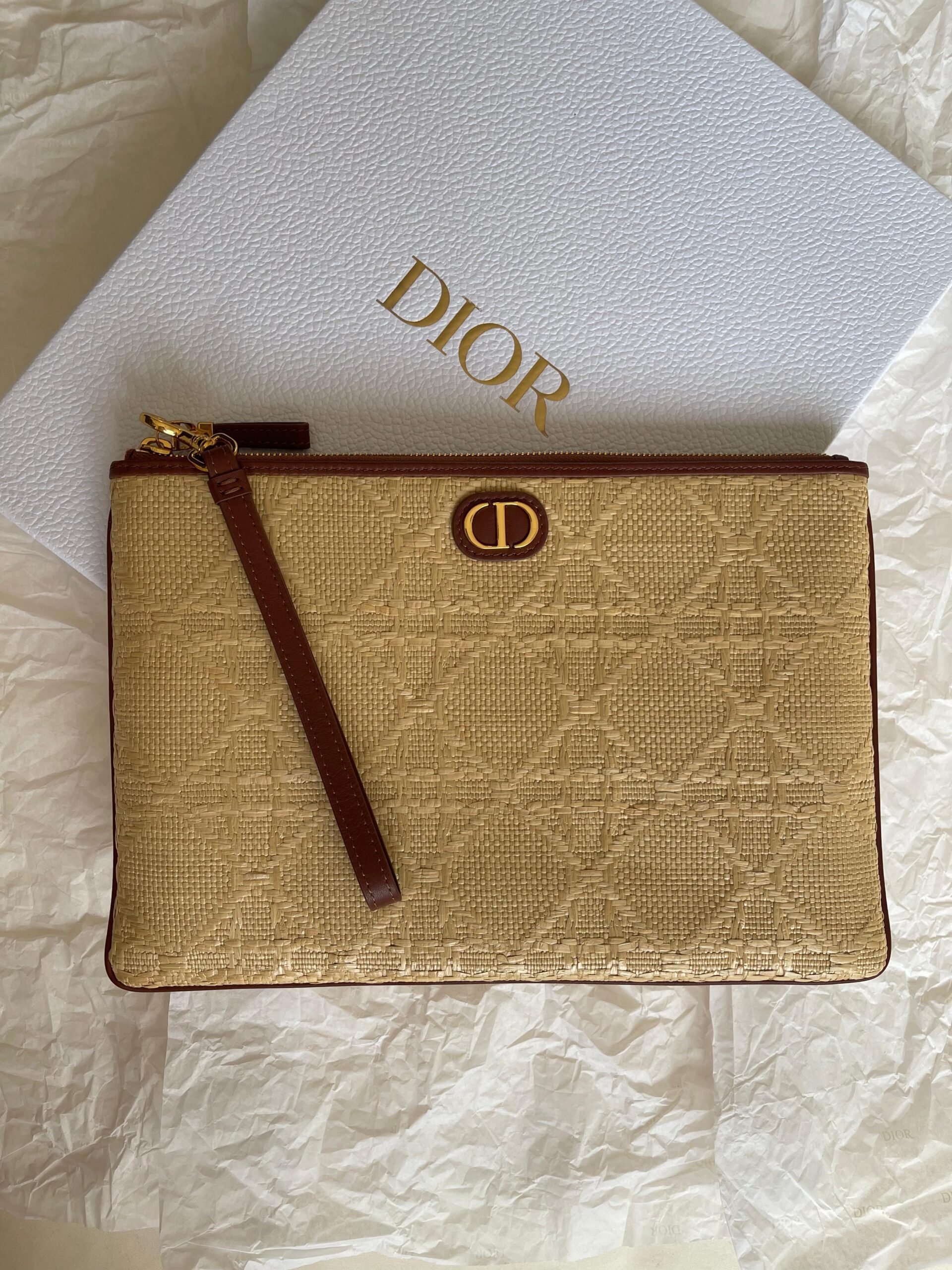 Dior Pouch- Beige Raffia & Brown Leather Trim